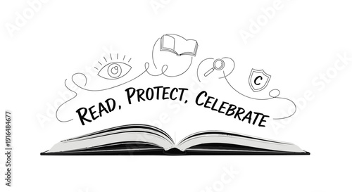 Vector illustration of an open book with READ. PROTECT. CELEBRATE text and symbolic icons