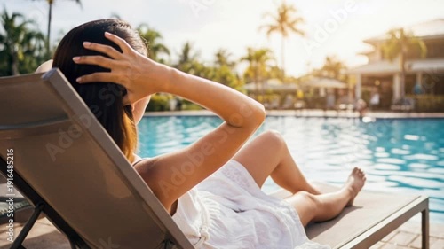 Woman relaxing by the poolside in a white dress, adjusting her hair while lounging on a sunbed under the warm sunlight with palm trees in the background