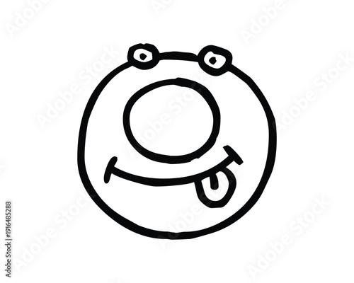 A simple hand-drawn cartoon face with a smiling expression and tongue out in black lines on a white background