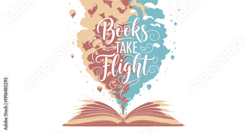 Vector illustration of an open book with colorful birds and text 'Books Take Flight' rising from the pages