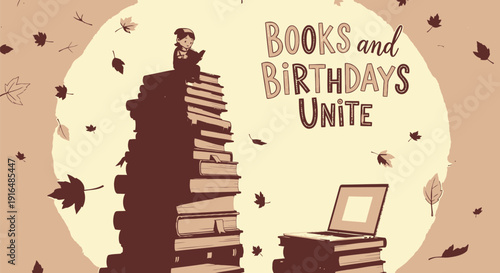 Vector illustration of a person sitting on a tall stack of books with a laptop on another stack, surrounded by autumn leaves and the text 'Books and Birthdays Unite'