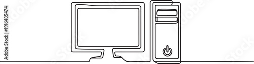 Desktop monitor screen continuous and pc. one line Art icon drawing vector