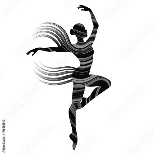 Elegant ballerina in mid-performance with flowing hair and graceful pose isolated on white background, Vector, illustration