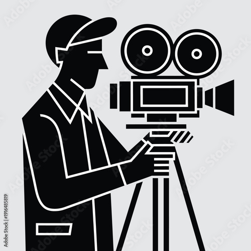 A silhouette of a filmmaker operating a classic movie camera on a tripod. isolated on white background, Vector, illustration