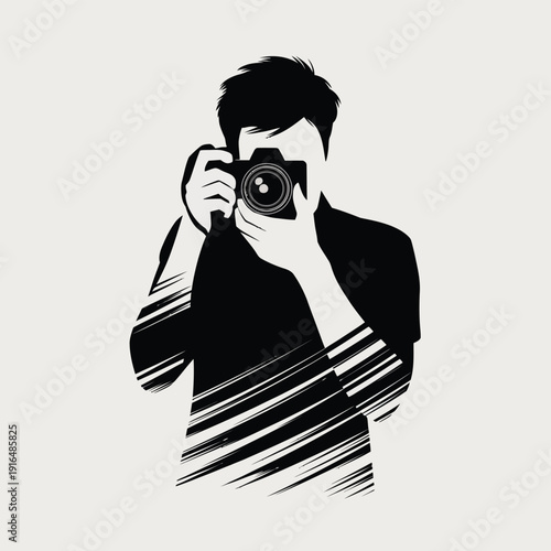 A person in a striped sweater taking a photo with a vintage camera. isolated on white background, Vector, illustration