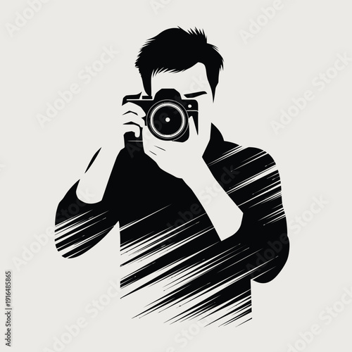 A person taking a photograph with a camera in a stylized black and white image isolated on white background, Vector, illustration