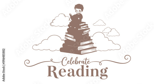 Vector illustration of a child sitting on a stack of books with clouds, celebrating reading in brown tones