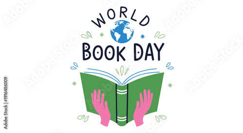 Vector illustration of hands holding an open green book with a globe on top for World Book Day isolated on white background