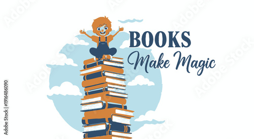 Vector illustration of a child sitting on a stack of books with a magical phrase