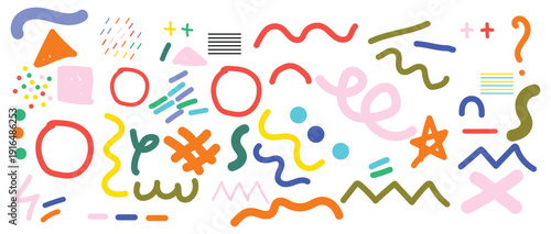 Vibrant abstract art with diverse colorful shapes and patterns on white background