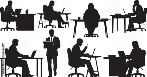 Silhouettes of businesspeople working at desks in office setting