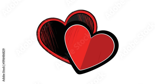 Two overlapping hearts one red and one black with a textured sketched appearance high quality professional