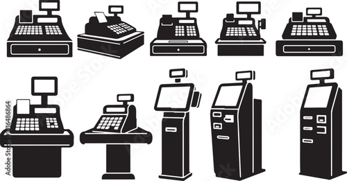 Various cash registers and checkout counters in black and white