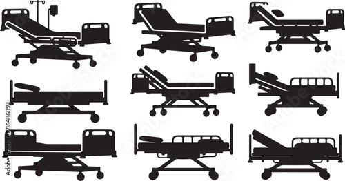 Hospital bed silhouettes in various positions and styles collection