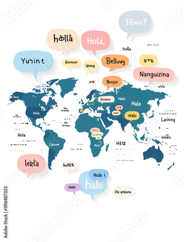 Global Communication Illustrated on World Map with Speech Bubbles in Various Languages