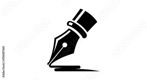 A black fountain pen with a distinct nib casting a shadow on a white background