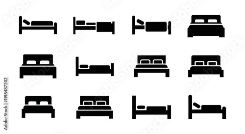 A collection of black silhouette icons depicting various styles of beds and bedroom furniture high quality