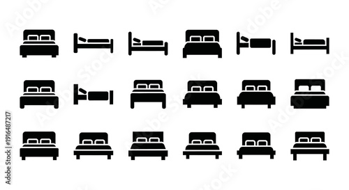 A collection of black silhouette icons depicting various bed arrangements and sizes high quality professional detailed