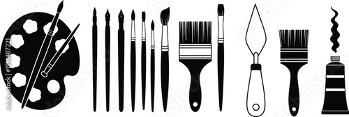 Artist Painting Tools Silhouette Set with Brushes, Palette, Palette Knife and Paint Tube Vector Illustration Isolated on White Background for Creative Graphic Design