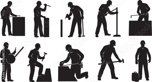 Silhouette of a man working with various tools and equipment