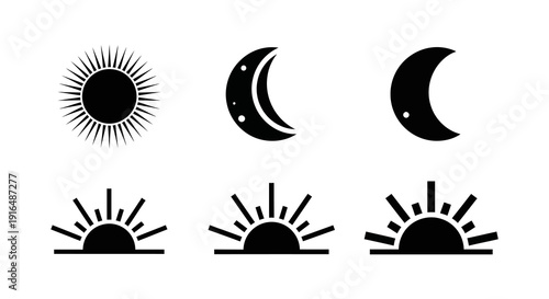 Black silhouettes of the sun crescent moons and rising suns are displayed in a row