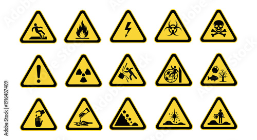 Collection of yellow triangular warning signs depicting various hazards and potential dangers high quality professional detailed