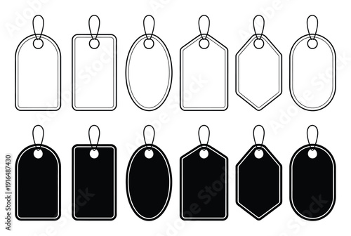 Collection of Black and White Price Tags in Various Shapes