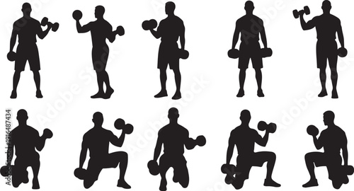 Silhouette of a man exercising with dumbbells in various poses