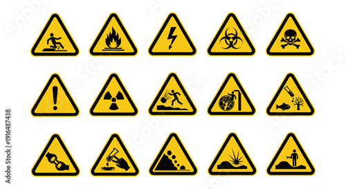 A collection of yellow triangular warning signs depicting various hazards and potential dangers high quality professional