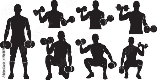 Silhouettes of men exercising with dumbbells in various poses