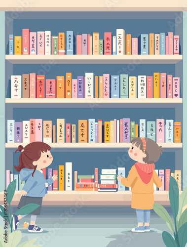 Two children browsing through a colorful book shelf in a library from a front viewpoint