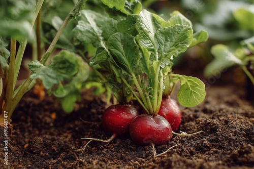 Fresh radishes dug out of the ground in the garden.