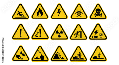 A collection of yellow triangular warning signs depicting various hazards and safety precautions high quality professional