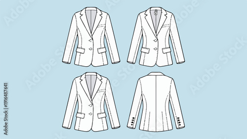 Four different views of a white business jacket for men or women  front and back
