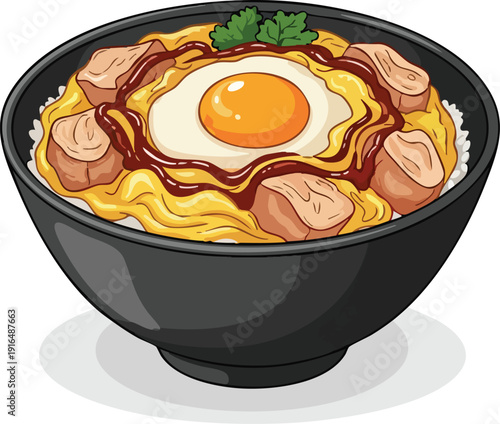 Delicious Japanese Donburi Bowl with Fried Egg and Meat.