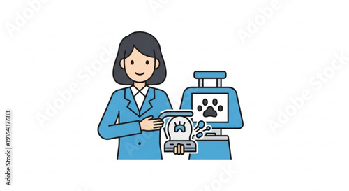 Woman in blue suit holds pet document at veterinary clinic reception desk with dog paw print on screen