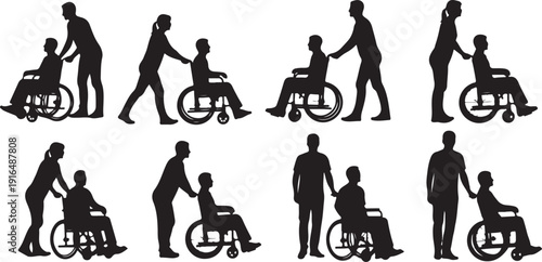 Silhouettes of people helping others in wheelchairs together