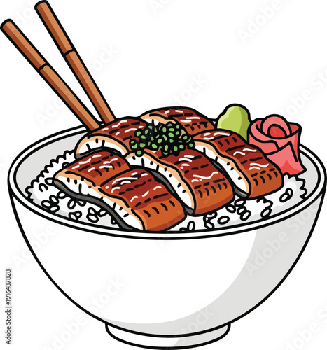 Delicious Unagi Donburi Japanese Eel Rice Bowl with Chopsticks.