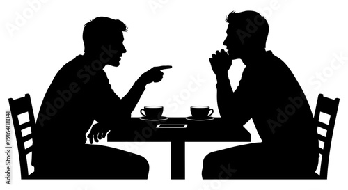 A tense conversation between two men at a table illustrated as a stark black silhouette