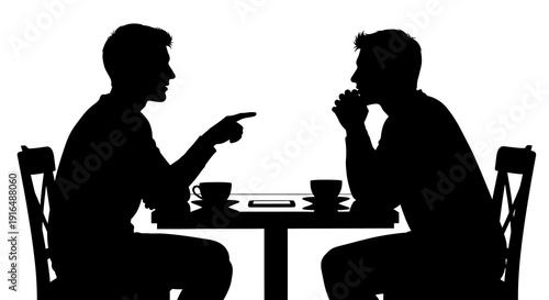 Two men engaged in a serious conversation across a table with coffee cups high quality professional