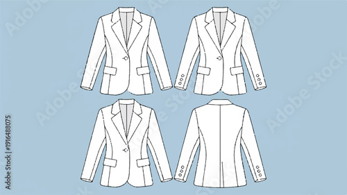 Four white business jackets in different views on blue background