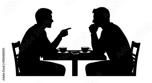 Two men in silhouette are engaged in a tense conversation at a table with coffee