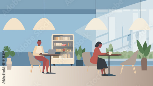 Eco friendly cafe interior design with people working on laptops at tables