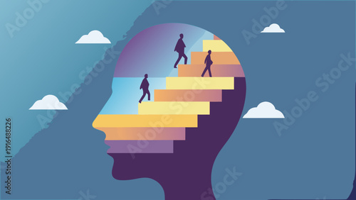 Purple head profile with colorful stairs and silhouetted people walking up to a bright sky with clouds symbolizing personal growth and mental progression
