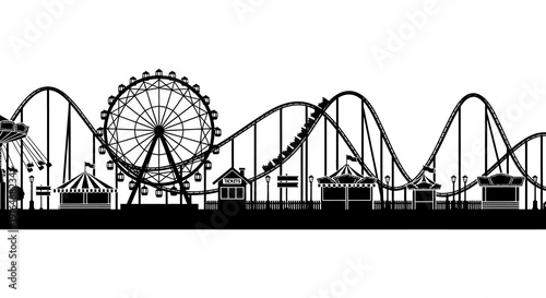 A black silhouette depicting a bustling amusement park skyline with rides and attractions high quality professional