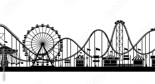A black and white silhouette depicting a bustling amusement park skyline with rides high quality professional