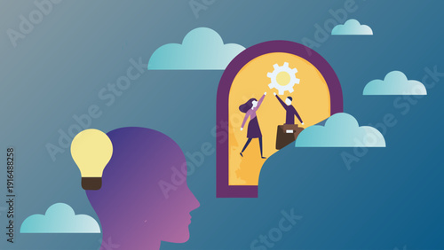 Creative teamwork and collaboration concept with people working inside a brain symbolizing innovative ideas and problem solving