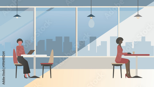 Two women working on laptops in modern minimalist cafe interior with large city view windows