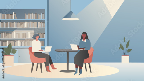 Two women working on laptops at a table in a modern cafe interior with bookshelf wall and plants
