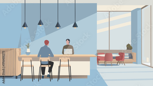 Modern scandinavian style coffee shop interior with minimalist decor wooden accents and people working on laptops in a relaxed atmosphere